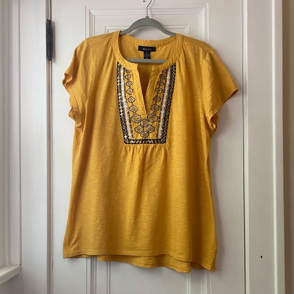 Style & Co Macy’s yellow blue embroidered metallic trim top shirt tee XL